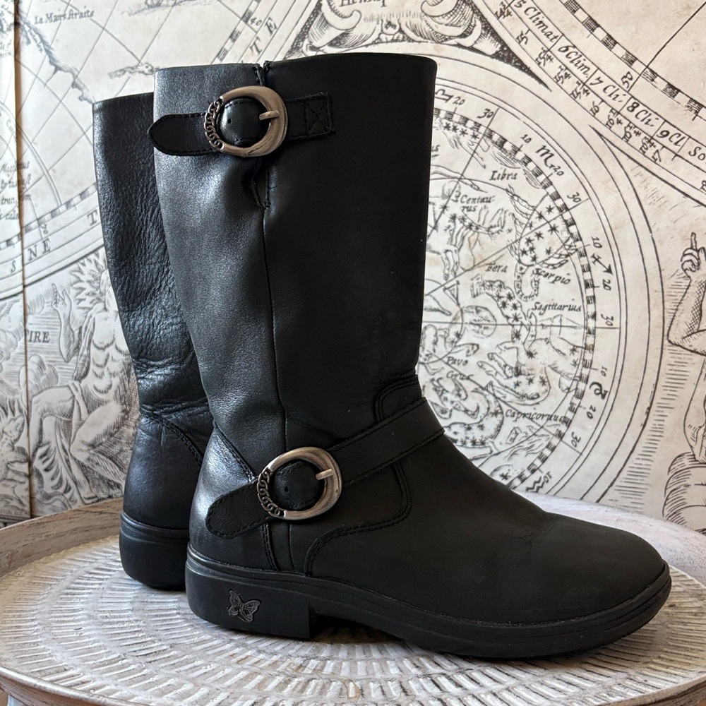 Alegria Black Leather Moto Styled Comort Boots with silver Buckle Detail